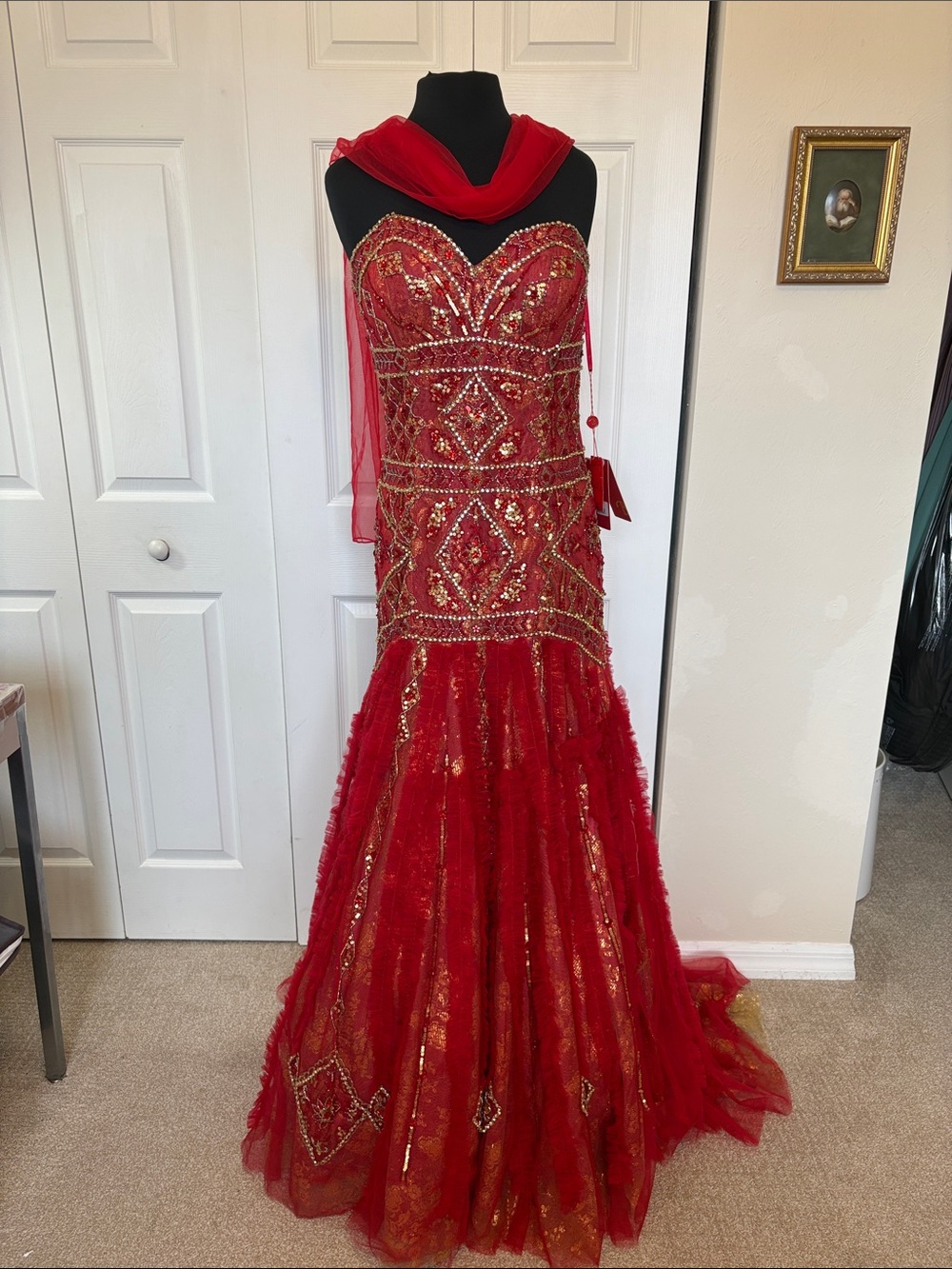 NWT Bicici Crimson & Gold Beaded Mermaid Prom / Evening Gown-Size XL.